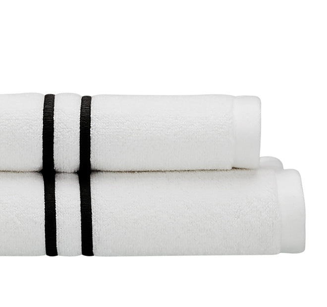 White bath towels with black online trim